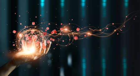 Hand holding of global data network, Big data visualization of futuristic and block chain, Financial analysis, social network of databases, Abstract creativity.の写真素材