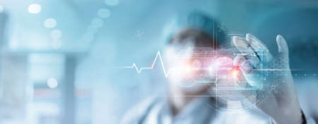 Medicine doctor holding pills of medical, Digital healthcare and analysis testing on hologram modern...