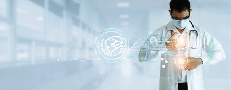 Doctor touching healthcare medical network on virtual interface, Diagnose patient health online record information data, Science, medical technology and innovative on hospital backgroundの写真素材