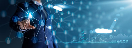 Businessman touching customer icon on global structure networking and data exchanges, Economic growth graph chart, Business and technology on dark background.の写真素材