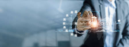 Businessman touching online banking and payment, Digital marketing. Finance and banking networking....