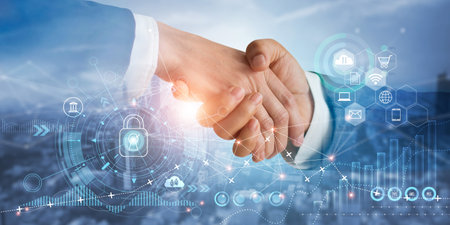 Businessman handshake of business partners successful of investment deal on economic growth graph chart of  business. Network.  Business strategy. Digital marketing.の写真素材