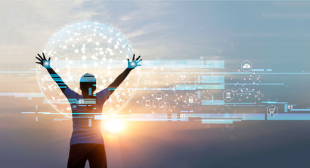 Woman touching circle global network connection, Science, Innovative and data exchanges, Digital Marketing communication and financial technology, Media, Creative and inspiration on sunset sky.の写真素材