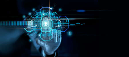 Innovation and technology, Hand of robot touching a padlock of security on network connection of business, Data exchange, Financial and banking, AI, Cyber crime and internet security.の写真素材