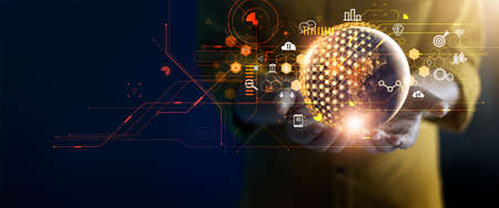 Businessman holding global structure networking and data exchanges customer connection. Economy. Financial and banking. Analysis sales data to digital marketing.の写真素材