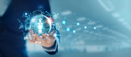 Businessman hold circle of network structure HR - Human resources. Business leadership concept. Management and recruitment. Social network. Different people.の写真素材