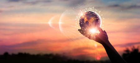 Businessman holding global network and data exchanges, Global digital connections with technology,...