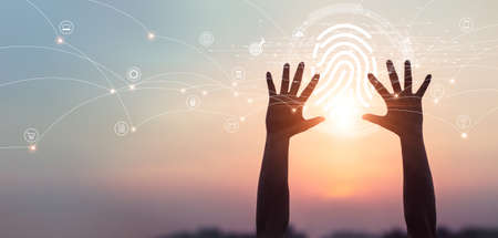 Abstract palm hands touching fingerprint identification to access personal data. Global network...
