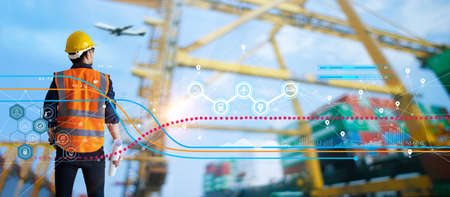 Foreman checking structure and control loading containers box of logistic network distribution, Industrial, Import Export, Business of Global logistics, Internet of things.の写真素材