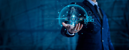 Data science analytics. Businessman holding big data. Analyzing and development at various information on futuristic virtual interface screen. Algorithm. marketing and deep learning of AI.の写真素材