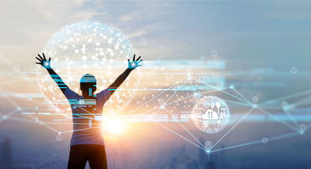 Abstract, Woman touching a big social media network on global connection, Digital network, Internet business, telecom communication on cyberspace.の写真素材