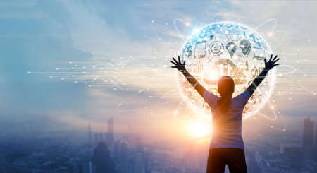 Abstract, Woman touching a big social media network on global connection, Digital network, Internet business, telecom communication on cyberspace.の写真素材