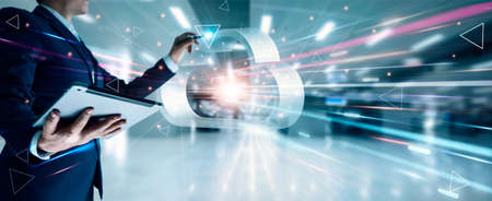 Businessman touching connect to data information on cloud  computing network and technology of connectivity, Cloud computing and network security concept.の写真素材