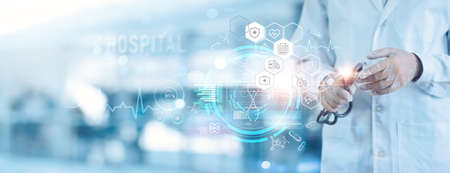 Healthcare business and insurance, Doctor diagnosing serving best quality service to patients and analysis about healthcare costs and fees, Healthcare budget with report of growth of business.の写真素材
