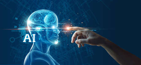 Abstract, Hand of human touching mindset of artificial intelligence AI, Robotic. Digital data and machine learning technology and computer brain. Robot technology development for futuristic.の写真素材