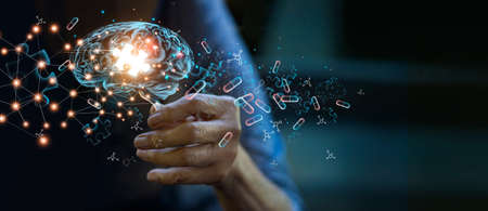 Alzheimer's disease concept, Elderly woman holding brain symbol of missing jigsaw puzzle, World Alzheimer's, World mental health, Memory loss, Dementia, Parkinson disease.の写真素材