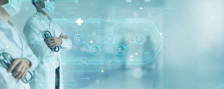 Medicine doctors with stethoscope on hospital and icon of health care and insurance, Medical business and health insurance, Health care concept.の写真素材