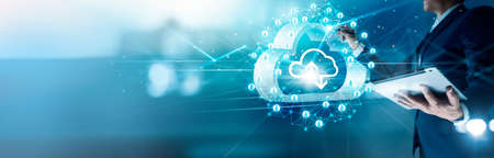 Businessman drawing structure customer global network on cloud computing and data exchanges connection on blue backgroundの写真素材