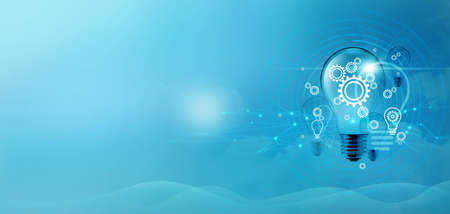 Innovation and new idea, Light bulbs with gear for  New ideas of technology and business, Development of creativity on global networking. inspiration and new ideas.の写真素材