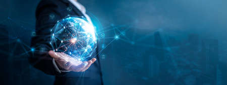 Businessman holding global network connection on social networking and customer data analytics, Business strategy and smart intelligence, digital marketing, Technology and global business.の写真素材