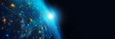 Global network background, Communication technology for internet business. Social network and telecommunication on cyberspace,  global computer networks. Elements of this image furnished by NASA.の写真素材