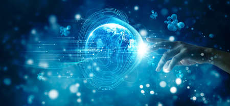 Hand of businessman touching global network connection and data exchanges on cyber space, Big data,...