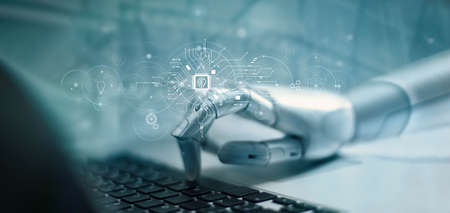 AI Learning and Artificial Intelligence. Futuristic robot working with laptop for coding or developing business and technology internet and networking, Machine Learning, Data science, Data Analyst.の写真素材