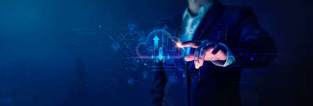 Businessman touch cloud computing icon network. Cloud technology, Cloud data transfer and online data storage for business network confidential data of business on internet storage network.の写真素材
