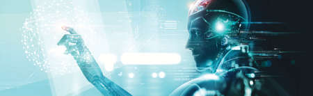 Smart AI. Robot programmer touch Internet network and analyzing software coding development on...