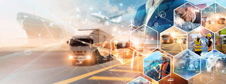 Transportation and logistic network distribution growth. Container cargo ship and trucks of...