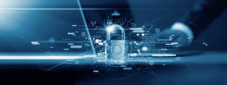 Businessman and fingerprint scanning unlock and access to business data network. Cloud. Biometric identification and cyber security protect business transaction from online digital cyber attack.の写真素材