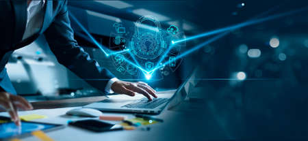 Cyber security network. Padlock icon and internet technology networking. Businessman protecting data...