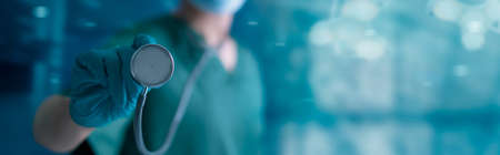 Healthcare and medical concept. Professional Medicine doctor with stethoscope in hand on laboratory. surgeon and nurse. Science, technology and research of medical.の写真素材