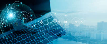 Global network communication, Data security safety and encryption, Personal information, Cyber security and protection, Technology and internet business. Global networking security.の写真素材