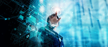 Cyber security network. Padlock icon and global internet technology networking. Businessman...