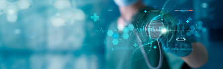 Healthcare and medical. Doctor and stethoscope touching icon DNA and digital healthcare and medical diagnosis of patient with network connection on modern hologram interface. Medical technology.の写真素材