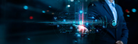 Cyber security and data protection. Businessman hold padlock protecting business and financial data with virtual network connection. Innovation technology develop smart solution from digital attackの写真素材