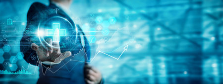 Businessman touch healthcare business network search for medical business service and health insurance. Digital healthcare technology support people health monitoring and global treatment business.の写真素材