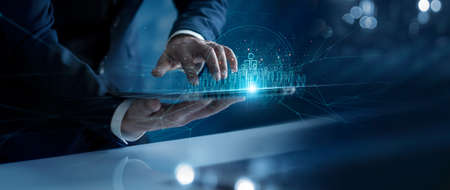 Businessman hold tablet on network structure HR technology - Human resources. Business leadership...