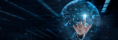Hand touching global network connection and data exchanges, technology structure. Innovation networking on dark backgroundの写真素材