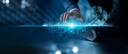 Global business, Investor touching of invest graph data growth on business network and investment risk analysis for return of success, strategy and planning investment, Banking, Finance and stock.の写真素材