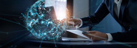 Businessman touching virtual Global business on internet network connection, Digital technology business, Social network, Innovation, Big data, Quantum computer technologies of futuristic.の写真素材