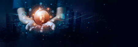 Internet network security, Data protection and Privacy on internet technology, Innovation, Data cyber security, verification and data encryption on cyber networking.の写真素材