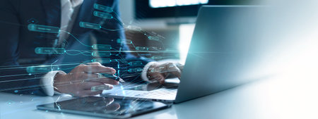 Cyber security, Businessman using laptop set up network connection from cyber attacks on blockchain technology, Encrypted, Protect privacy data of financial and banking transaction on network securityの写真素材