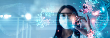 Abstract luminous DNA molecule. Scientist holding and cut dna for checking with analysis chromosome DNA genetic of human on virtual interface. Medicine, Medical science and biotechnology.の写真素材