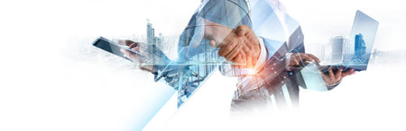 Digital technology, Business network connection, Teamwork, Deal, Partnership and data exchange, Investment analysis, planning and  strategy. Businessman working with digital device on smart city.の写真素材