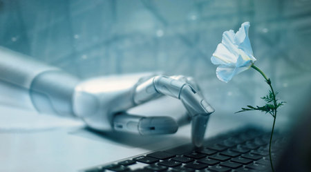 Robot hand working and analysis data on laptop and happy with white flower on table, AI, Artificial Intelligence, Development of emotion and thinking. Synthetic life, Deep learning. Future of tech.の写真素材