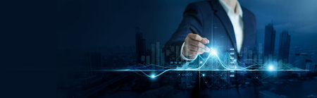 Global business, Investor touching of invest graph data growth on business network and investment risk analysis for return of success, strategy and planning investment, Banking, Finance and stock.の写真素材
