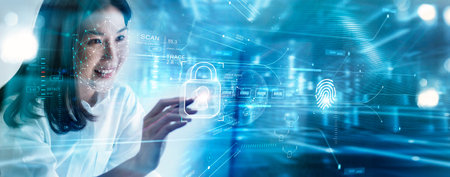 Cyber security and data protection. Women are encrypting to access private information through face id and Scanned fingerprint to verify of identity on virtual interface network. Smart innovation.の写真素材