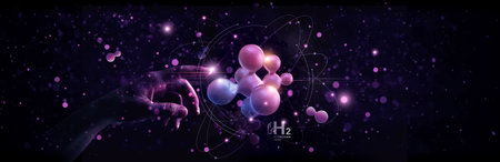 Hand touch of hydrogen H2 gas molecule. Clean energy. Sustainable alternative clean hydrogen H2 energy on future. Science and environment. 3D render.の写真素材